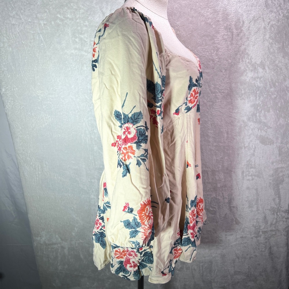 Free People Floral Print Puff Sleeve Mini Dress Beige Blue Pink Size XL - Picture 7 of 12